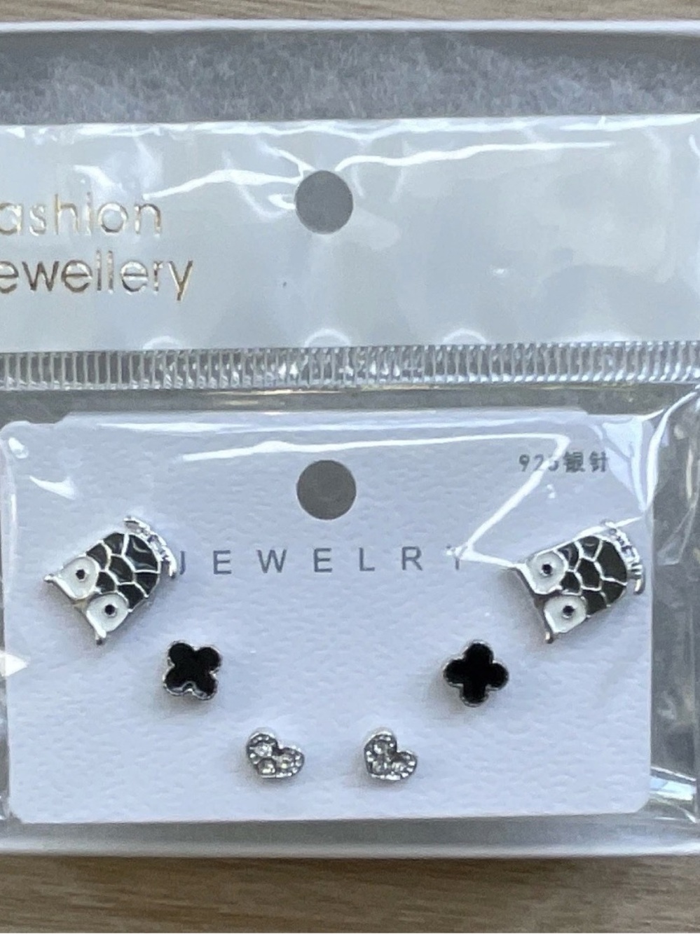 925 Sterling Silver Owl, Black Clover & Heart Earring Set - 3 Pairs - Picture 7 of 7